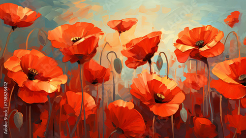 Abstract Digital Oil Painting of Red Poppy Flowers . © Natia