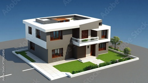 Modern two-story house with balconies and a green lawn on a clear day.