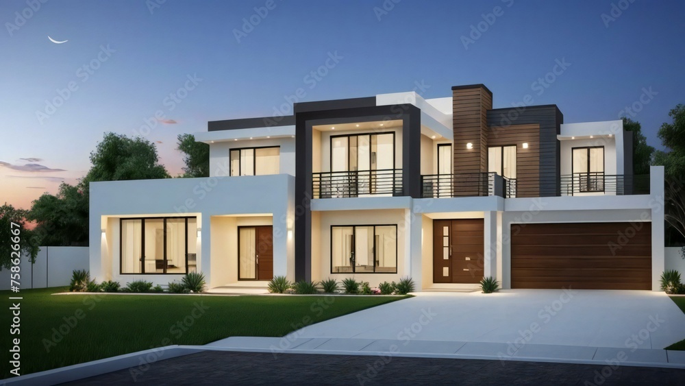 Modern two-story house exterior at dusk with illuminated interiors and a clear driveway. Modern two-story house exterior at dusk with illuminated interiors and a clear driveway.