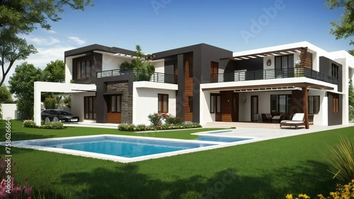Modern luxury house with swimming pool, landscaped garden, and stylish exterior design. © home 3d