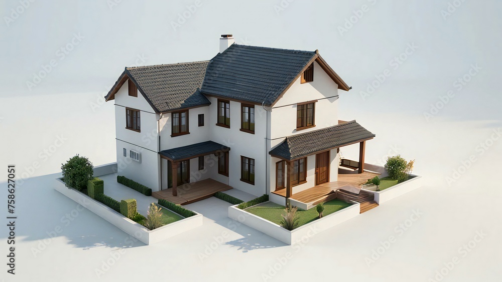 Modern detached house with white walls and brown roofing on a white background with minimalist landscaping.