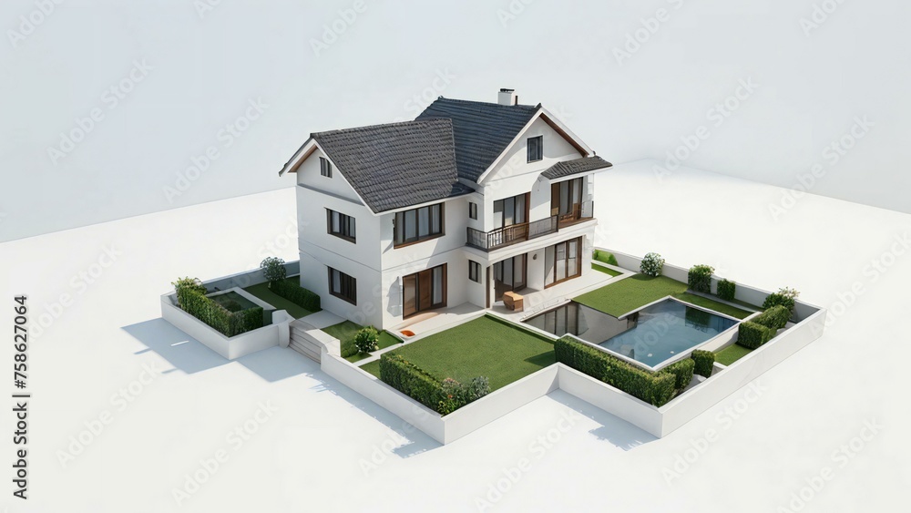 Modern two-story house with pool and garden on white background, 3D illustration. Modern two-story house with pool and garden on white background, 3D illustration.