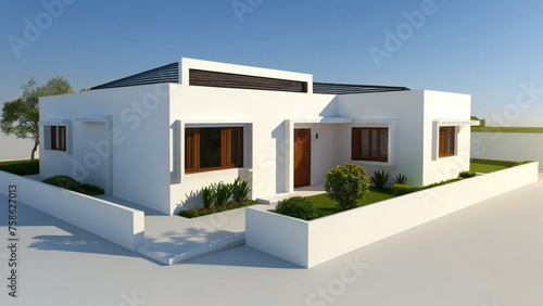 Modern single-story house with white walls, flat roof, and large windows, surrounded by a low fence and minimal landscaping. © home 3d