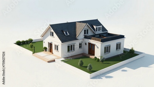 3D rendering of a modern detached house with a garden on a white background.