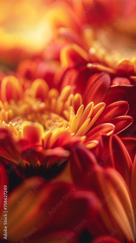 Fototapeta premium Spring gerberas, Close-up view, Deep red and yellow colors, Petal details and patterns