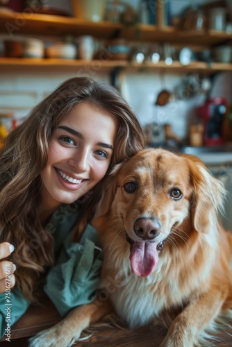 Young attractive woman hugging her cute dog and taking selfie on smartphone at home. Happy smiling girl sincerely attached to her pet and wants to preserve the best moments of love and friendship.