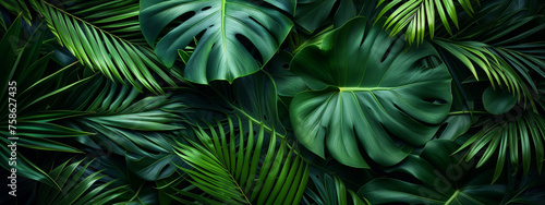 Tropical leaves background. Green leaf banner and floral jungle pattern concept. abstract green leaf texture.