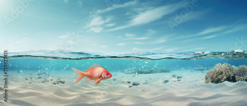 fish swimming underwater sea on sandy beach in shallow water and visible half bright cloudy blue sky created with Generative AI Technology