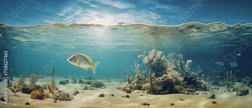 fish swimming underwater sea on sandy beach in shallow water and visible half bright cloudy blue sky created with Generative AI Technology