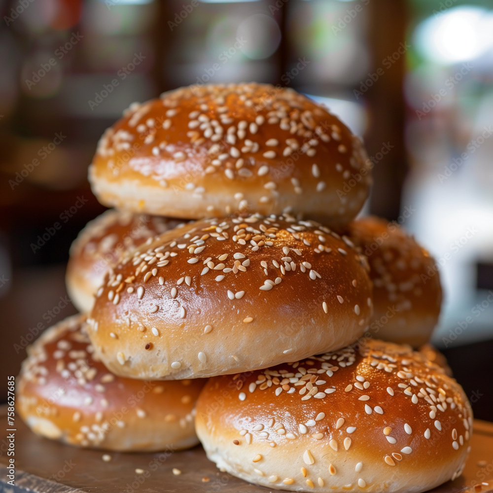 Stack of whole wheat buns in a bakery setting, focus on the top bun with visible grains and a perfectly baked surface