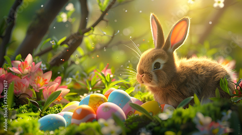 A beautiful cute funny Christmas bunny among flowers and grass. Easter Cute Bunny In Sunny Garden With Decorated Eggs