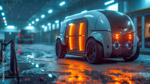 Robot courier mini car concept of delivering goods with unmanned drones with autopilot in a big city photo
