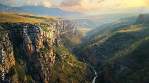 Stunning natural wonder, a vast canyon with a river flowing through, awe-inspiring view from above