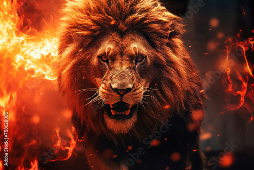 A lion stands in front of a tree engulfed in flames  facing the raging forest fire