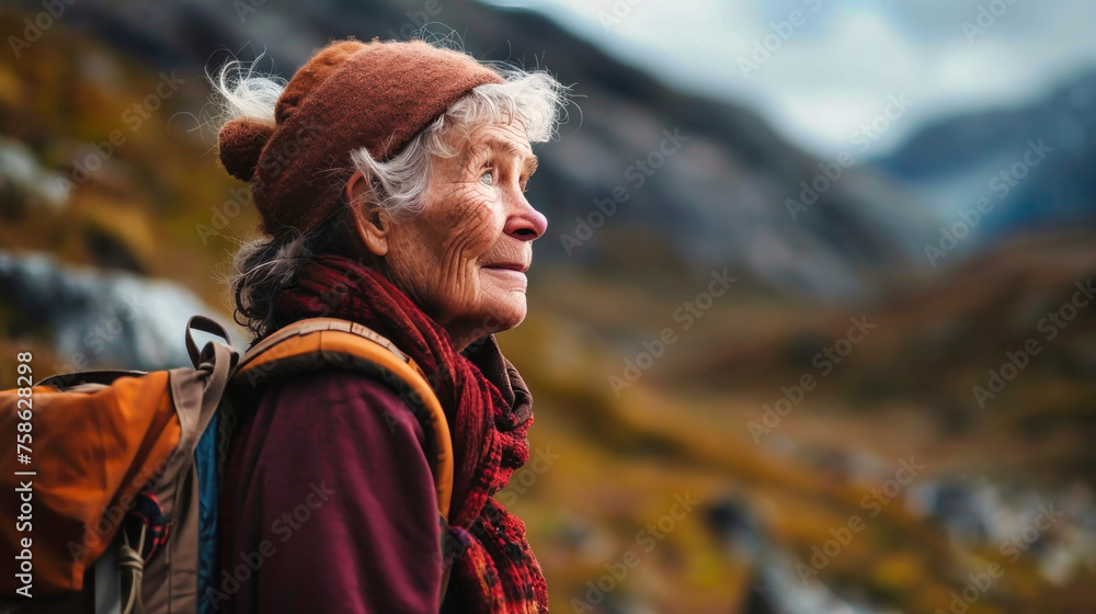 Elderly woman wearing a backpack, standing against a mountain backdrop