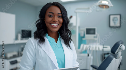 smiling woman in dental healthcare professional attire, standing in a dental clinic with equipment in the background.
