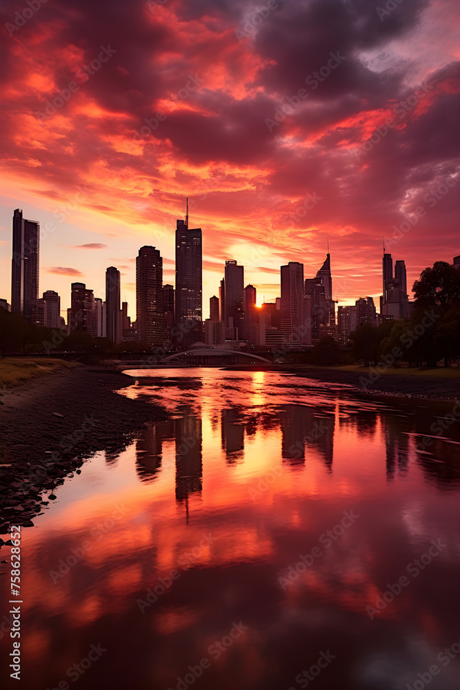 Luminous Dawn Over Urban Horizon: A Mesmerizing Panorama of Morning Tranquillity in the Heart of a Metropolitan City