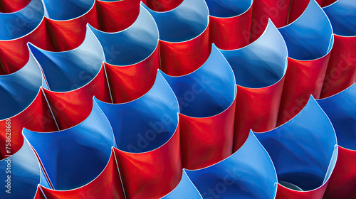 Abstract view of a repetitive pattern of blue and red curved shapes resembling waves or scales