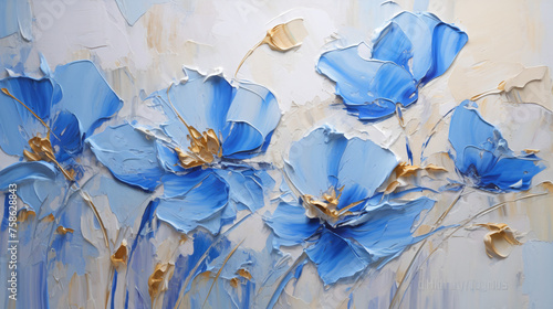 Abstract oil painting Blue petals flowers