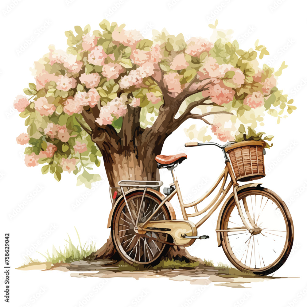 Bicycle leaning against a tree with a basket of flower