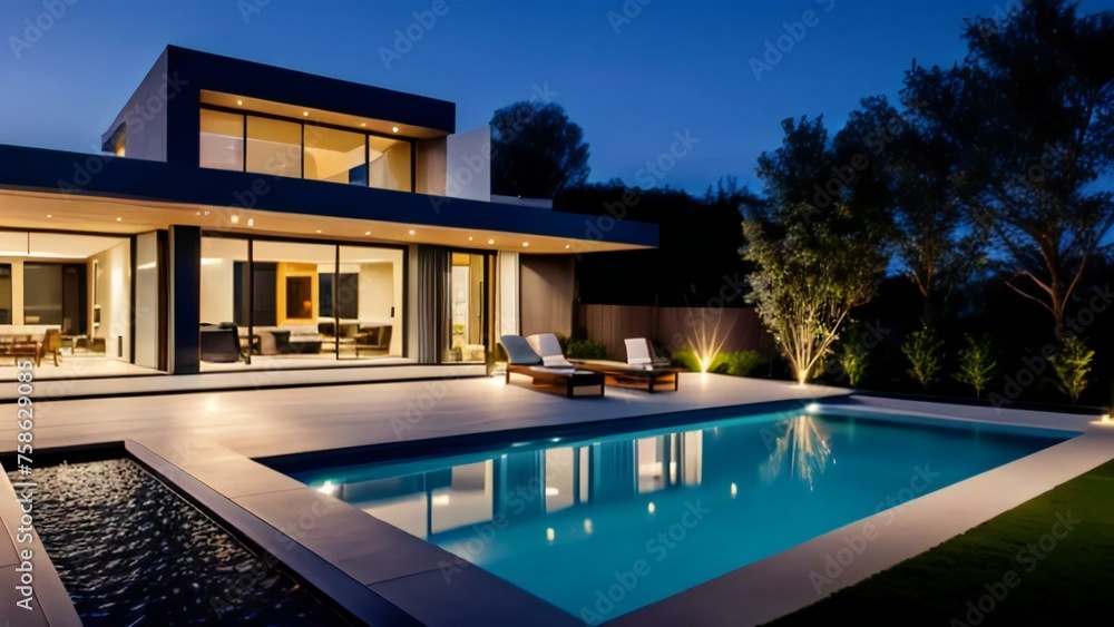Modern luxury house with pool lit up at twilight.