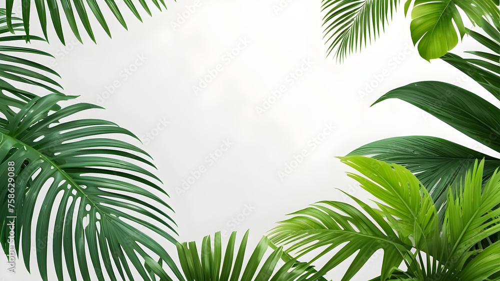 Fototapeta premium the frame of tropical leaves. overlay frame from fresh green jungle palm leaves. copy space text. frame background.