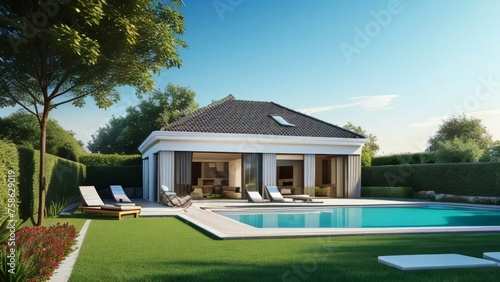 Luxury house with swimming pool and terrace in modern design, evening scene. © home 3d
