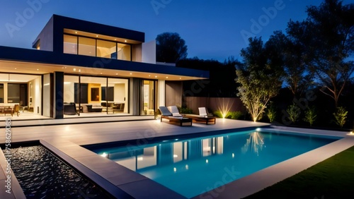 Modern luxury house with pool lit up at twilight. © home 3d