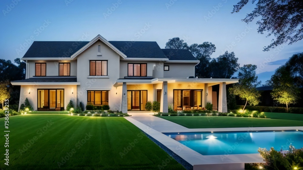 Luxurious modern house with pool at twilight, beautifully lit with a manicured lawn. Luxurious modern house with pool at twilight, beautifully lit with a manicured lawn.