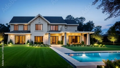 Luxurious modern house with pool at twilight, beautifully lit with a manicured lawn. © samsul