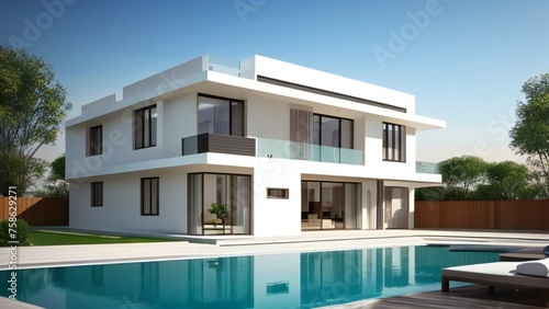 Modern two-story house with swimming pool and garden on a sunny day. © samsul