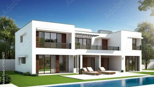 Modern two-story house with pool and garden on a sunny day. © home 3d