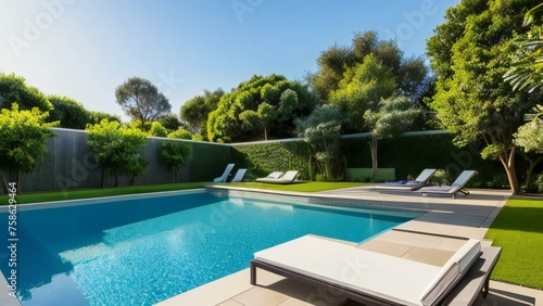 Luxurious backyard with a swimming pool  sun loungers  and well-manicured lawn on a sunny day.