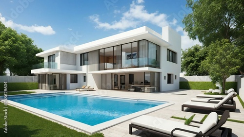 Modern luxury house with swimming pool, sun loungers, and landscaped garden on a sunny day. © home 3d