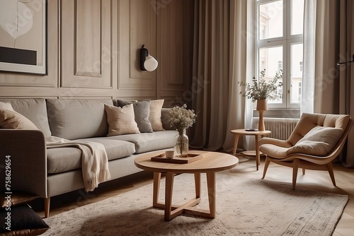 A Round coffee table near cozy sofa in room with classic paneling. Hhome interior design of modern living room photo