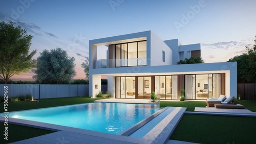 Modern house with pool at twilight, luxury home exterior © home 3d