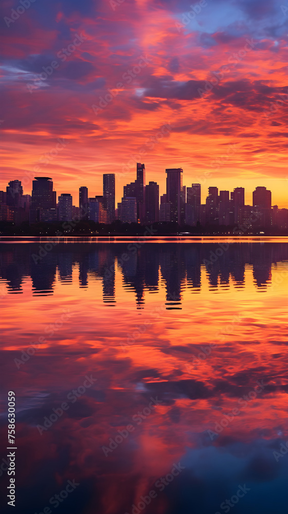 Luminous Dawn Over Urban Horizon: A Mesmerizing Panorama of Morning Tranquillity in the Heart of a Metropolitan City