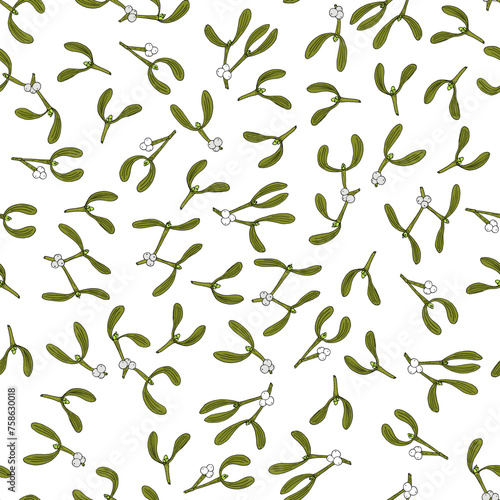 Christmas seamless pattern with mistletoe leaves and berries.