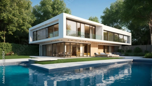 Modern luxury house with swimming pool at sunset, contemporary villa exterior © samsul