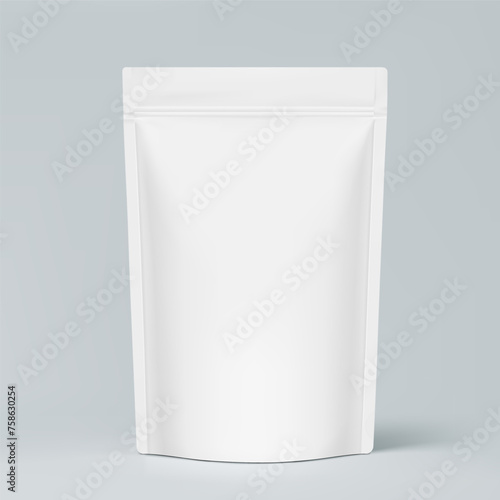 Realistic stand up pouch bag mockup with transparent shadow. Front view. Vector illustration isolated on grey background. Ready for your design. EPS10.