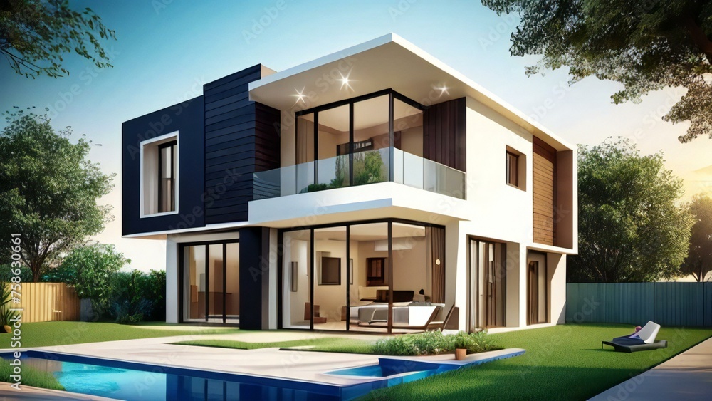Modern two-story house with pool at twilight, landscaped garden, and stylish exterior lighting.