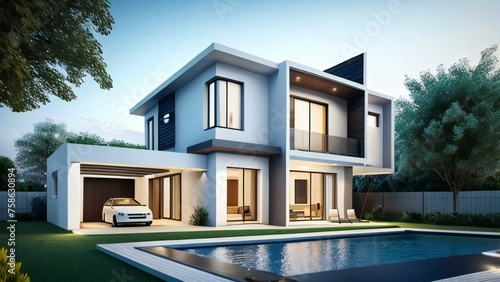 Modern two-story house with pool and garage at twilight. © home 3d
