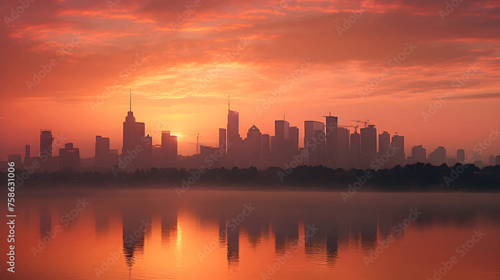 Luminous Dawn Over Urban Horizon: A Mesmerizing Panorama of Morning Tranquillity in the Heart of a Metropolitan City
