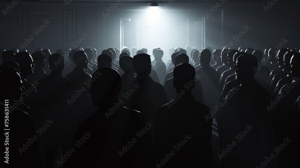 Silhouettes of a mob meeting, figures gathered in secrecy, plotting beneath the cover of darkness. - obrazy, fototapety, plakaty 