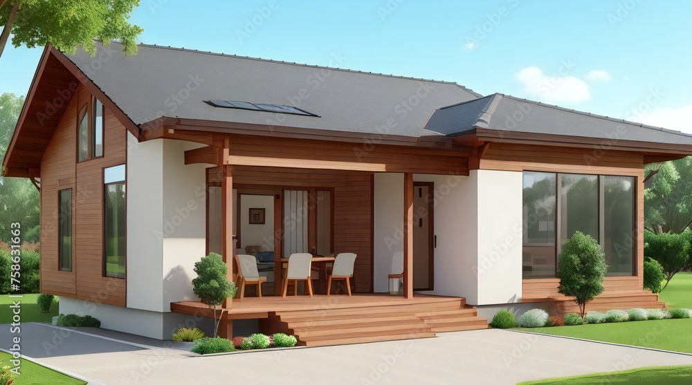 Modern suburban house with a spacious porch and green lawn on a sunny day. Modern suburban house with a spacious porch and green lawn on a sunny day.