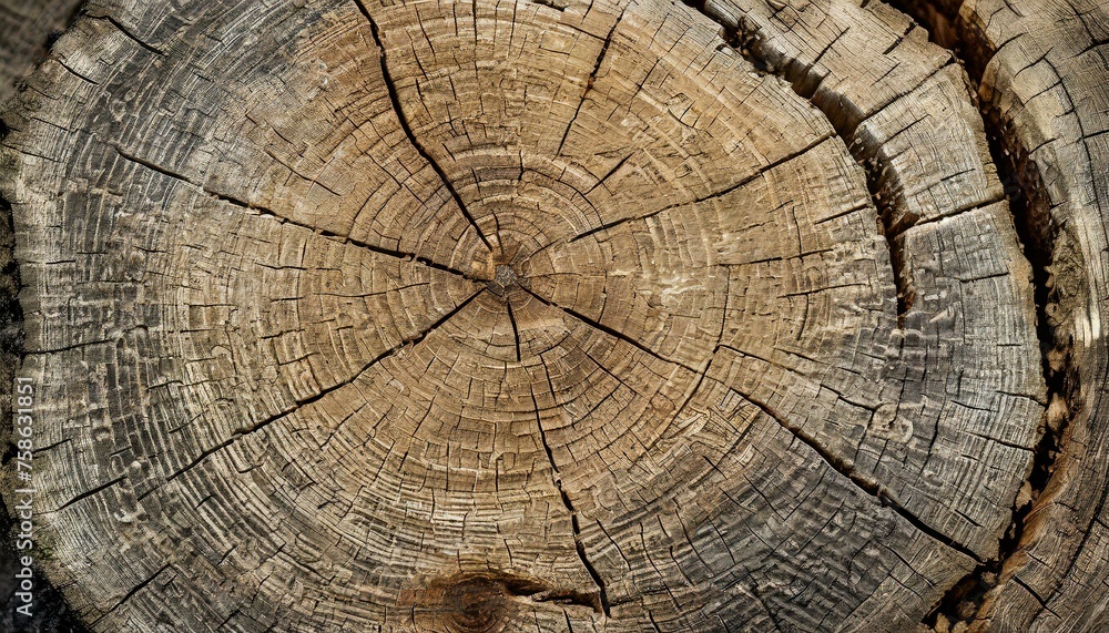 Naklejka premium Tree stump, a vivid close-up of a tree stump, rings and weathered textures.