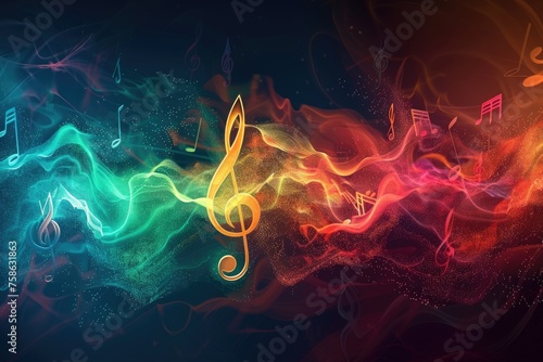 An abstract representation of sound waves or music notes, expressed through vibrant colors and dynamic shapes photo