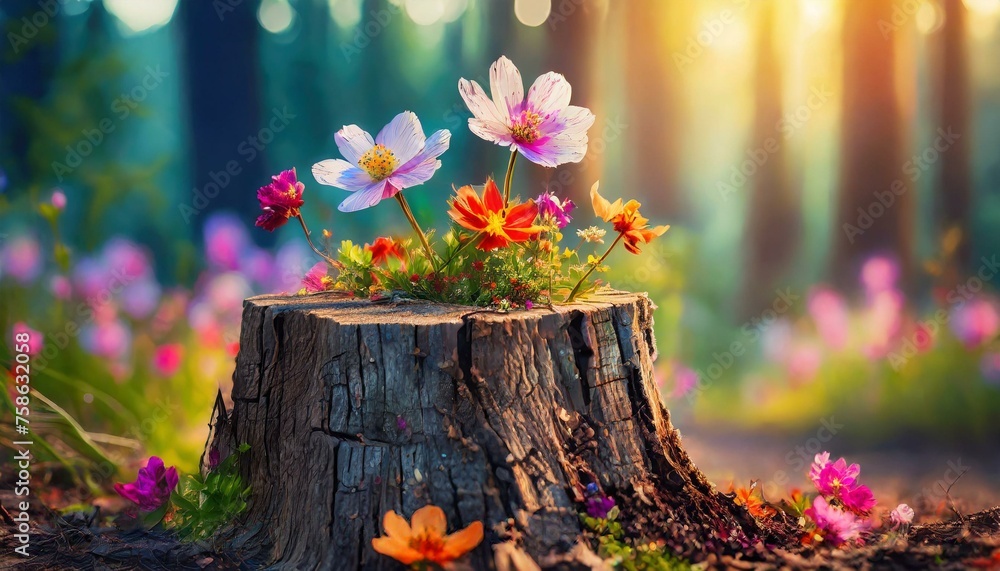 Vibrant wildflowers growing on a moss-covered tree stump