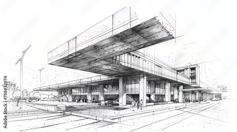 Architectural Illustrations: Drawings and illustrations of architectural structures, in both modern and retro styles