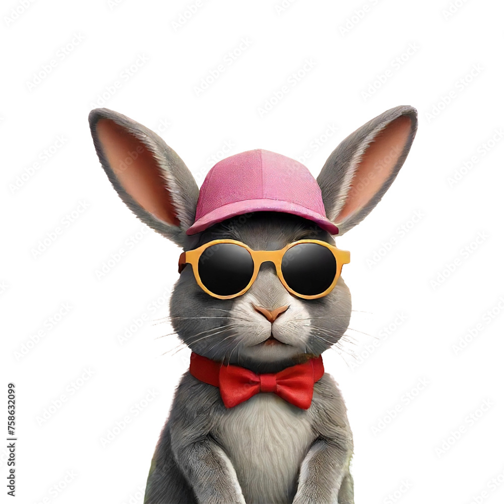 Fototapeta premium cute black easter rabbit wearing sunglasses with red bow tie and pink cap on transparent background